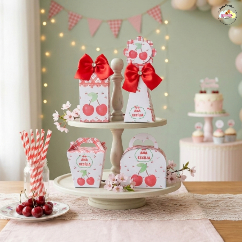 Kit Festa Cerejinha Personalizado Lembrancinhas Aniversário Infantil Caixinhas Pegue e Monte