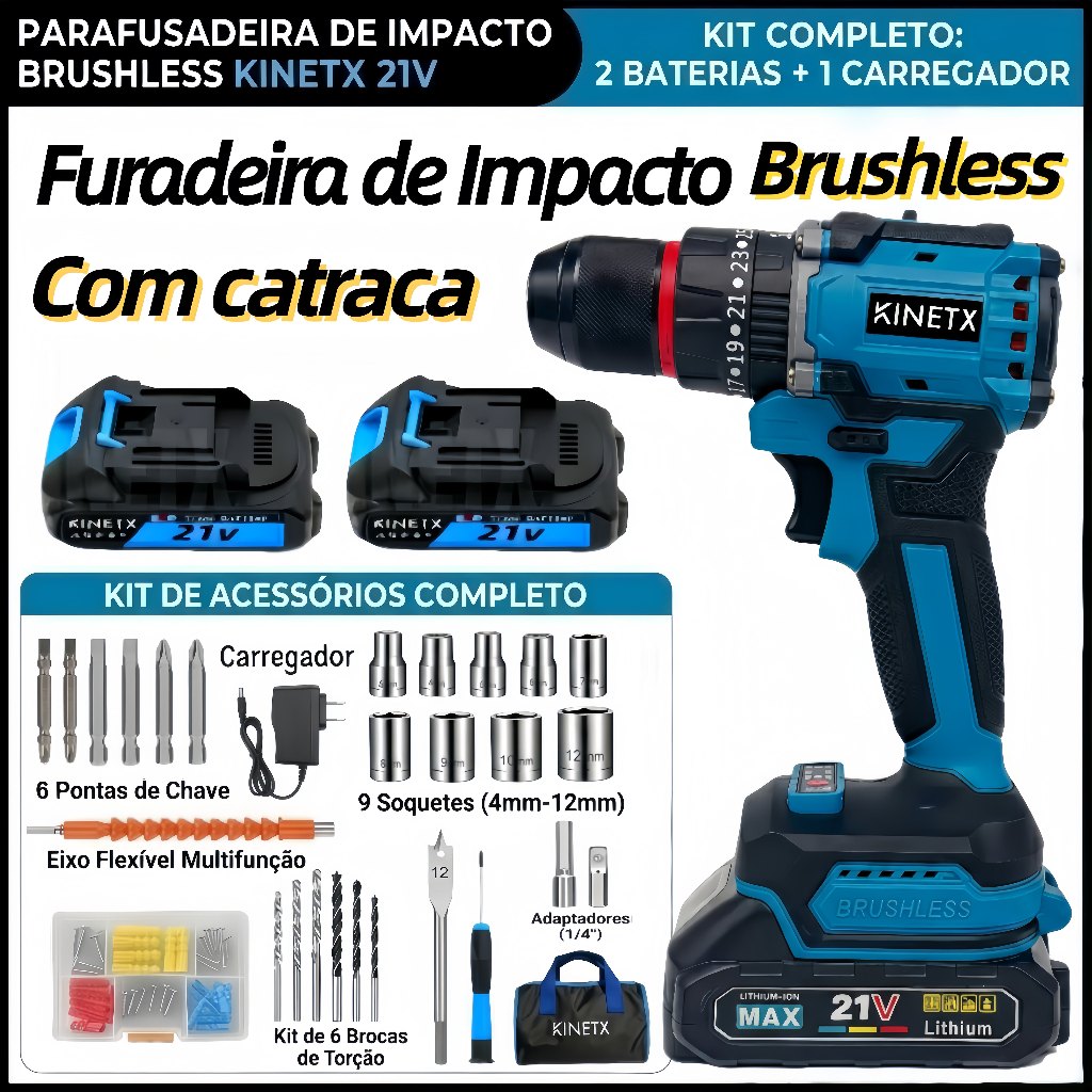 KINETX Furadeira Parafusadeira Impacto Brushless 2 Baterias 10mm 70Nm Com 32 Acessórios Bolsa de ferramentas