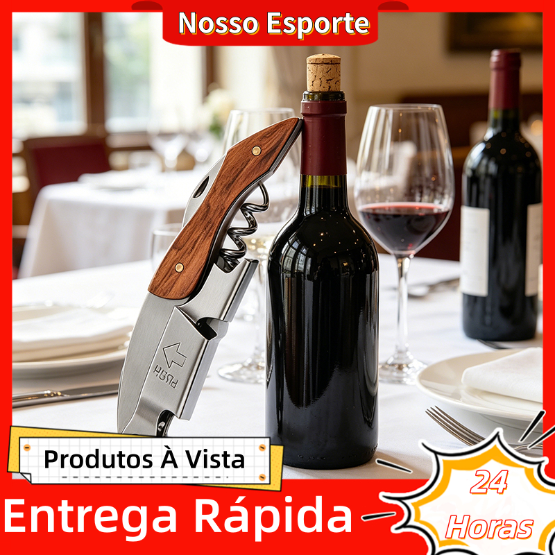 Saca-Rolhas Abridor De Garrafas Profissional Premium Em Aço Inoxidável Com Cabo De Madeira