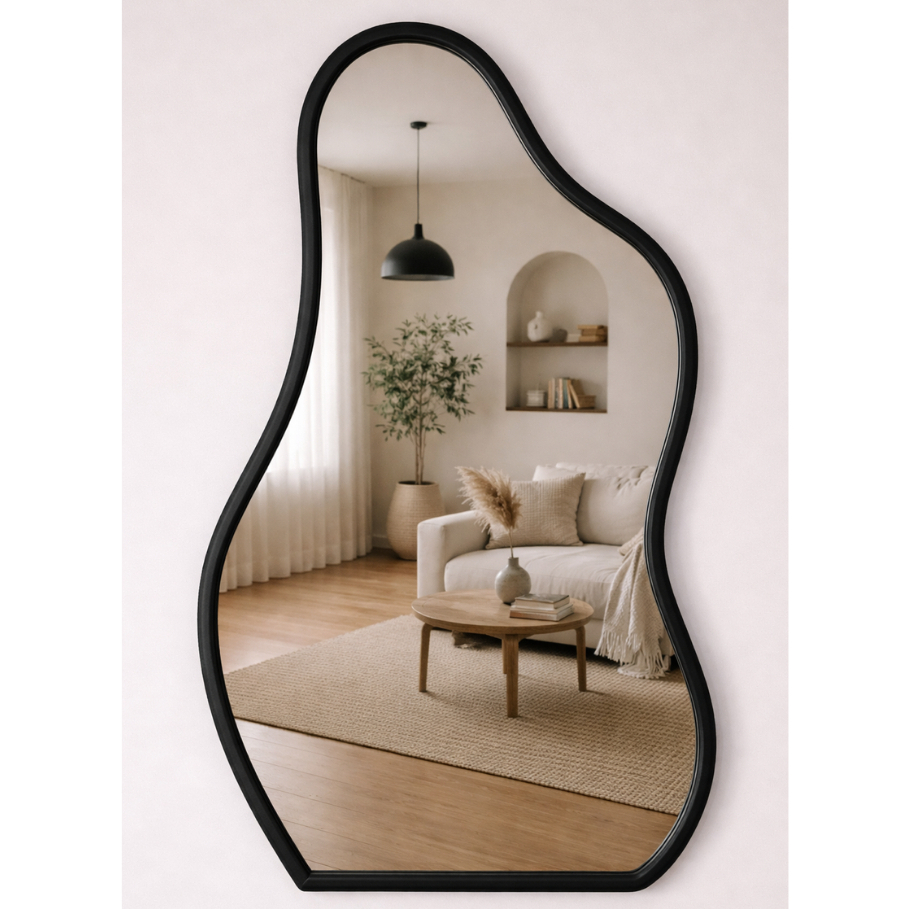 Espelho Orgânico FLAME 80x50 Com Couro Luxo Moderno para Decoração Quarto Salas Salão de Beleza