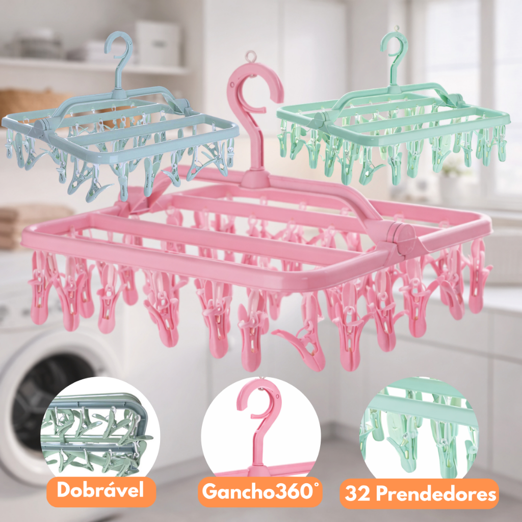 Varal Calcinha Meia Roupa intima 32 Prendedores Dobravel Reforçado Meia Varal Apartamento Pendurável