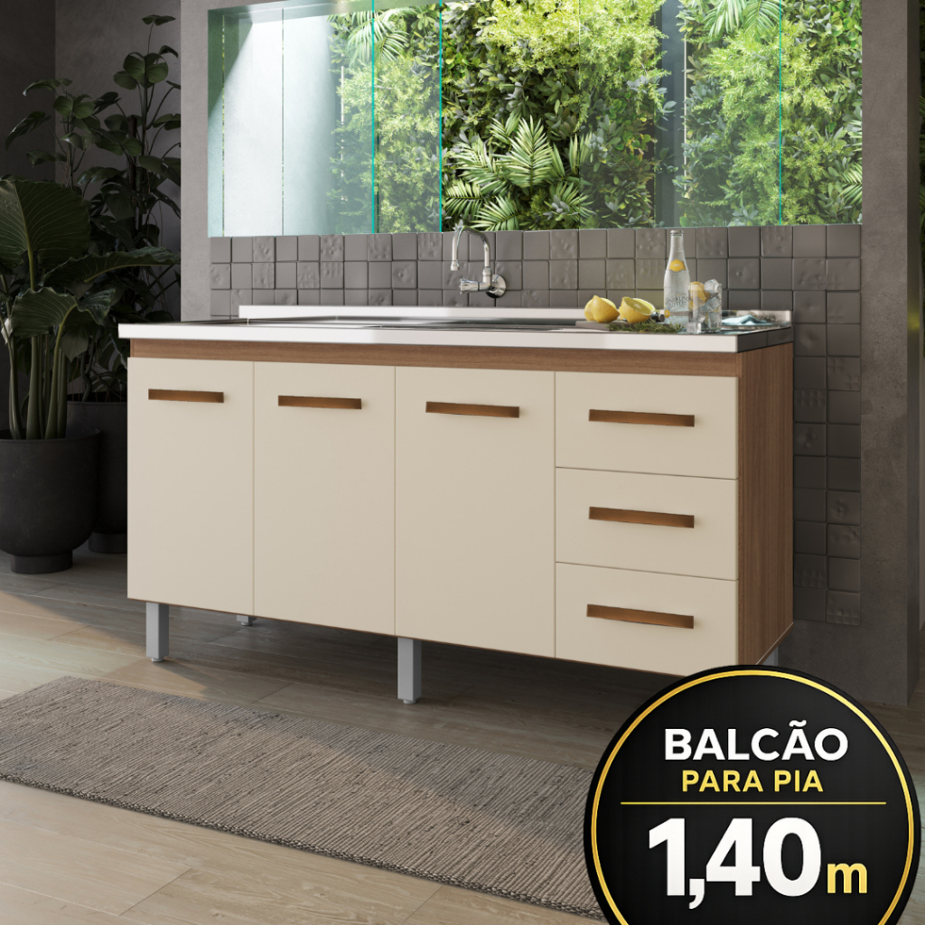 Balcão de Cozinha para Pia de 1,40 Carina sem Tampo - Savana/Off-White