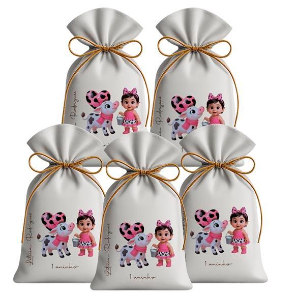 Kit 15 Saquinhos Sacolinha Lembrancinha Festa Aniversário Tecido Personalizado Vaquinha Rosa