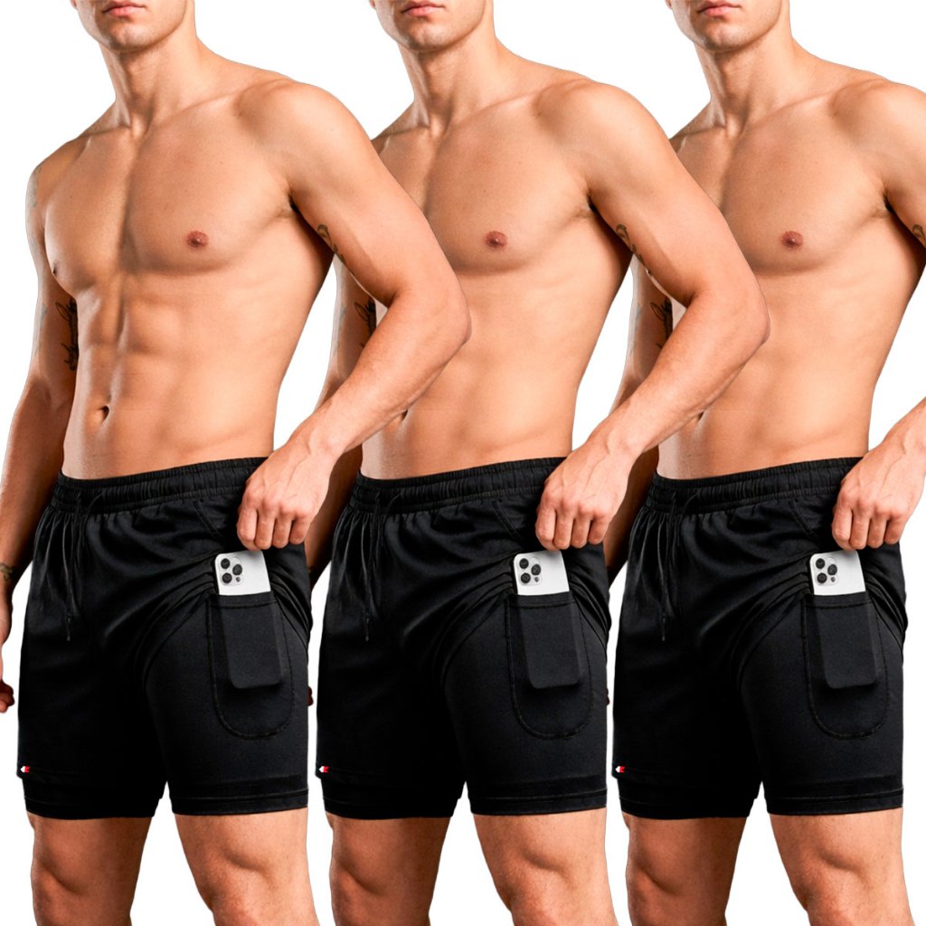Kit 3 Shorts Bermuda 2 Em 1 Sandrini Masculino Compressão Sport