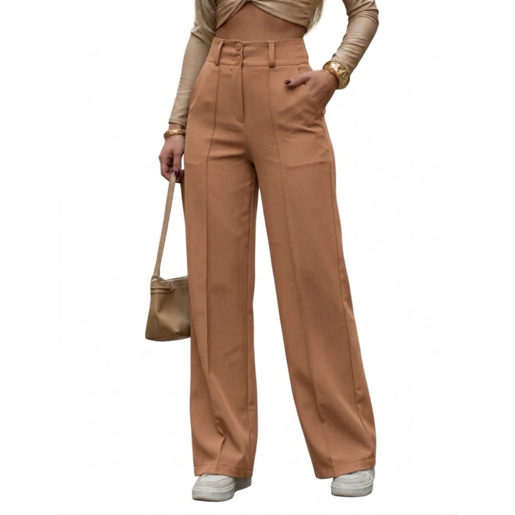 Calça pantalona femenina de alfaiataria con 2 botones cintura alta