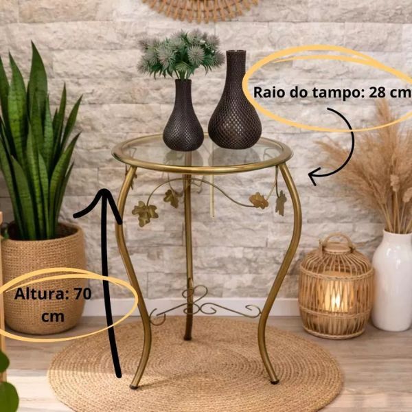 Aparador De Ferro Floral Mesa de 79 Cm De Ferro Com Vidro Ideal para Mesinha Lateral Sala Quarto Decorativo Ferro