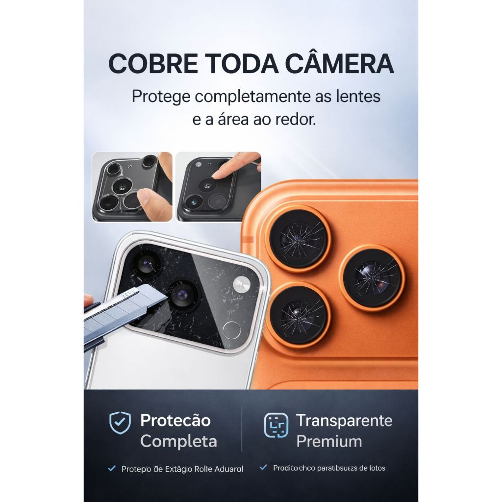 PELÍCULA DE PROTEÇÃO PARA CÂMERA IPHONE 17/17 Pro/ 17 Air/ 17 Pro Max – LINHA PREMIUM