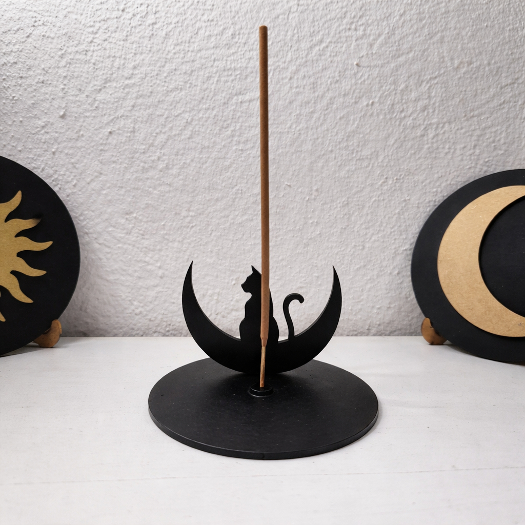 Detalhes do Porta Incenso Incensário Decorativo 3d Gato Mistico Signos Lua Madeira MDF Preto