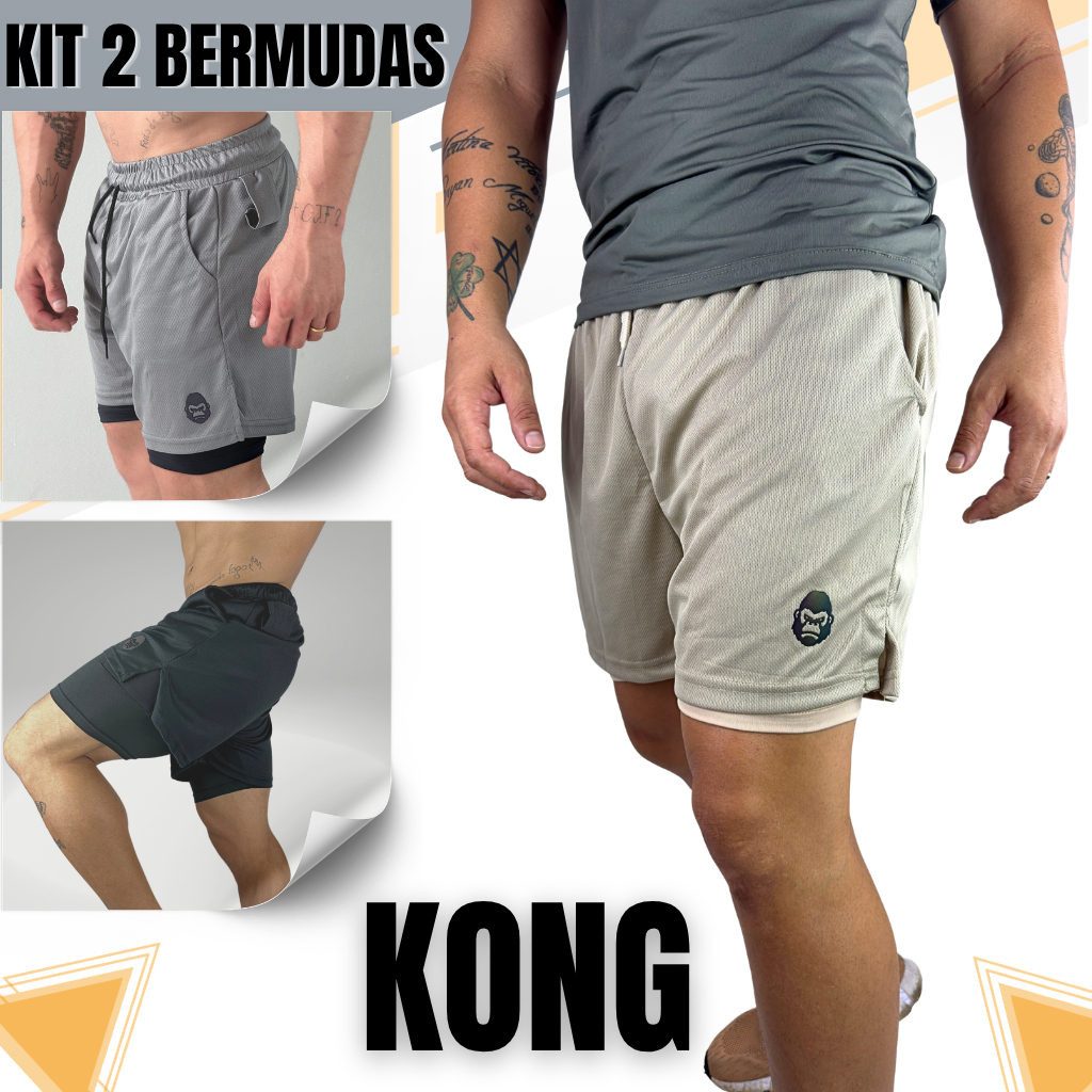 Kit 2 Bermudas Masculinas 2 em 1 KONG Premium Com Forro de Compressão e Suporte para Toalha.🛍️