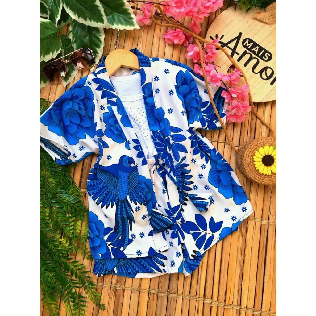 Conjunto kimono infantil-juvenil menina / kimono + short infantil Femenino / estampado / saida de praia / casual 2 peças em Oferta na Shopee