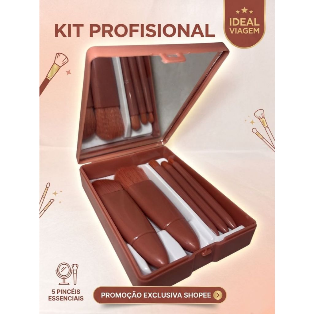 Kit Mini Espelho De Maquiagem Portátil Com 5 Pcs Pincéis De Maquiagem Lupa Mão Segurar Bolso Dobrável Maquiagem
