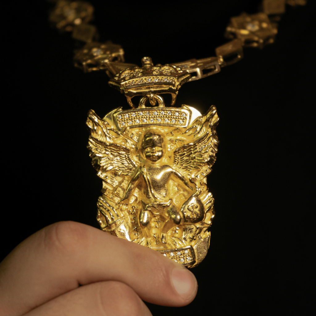 Corrente Com Pingente Anjo Sorte Cravejada Cordão Abençoado 100% Moeda Antiga Ouro 18k Cordão