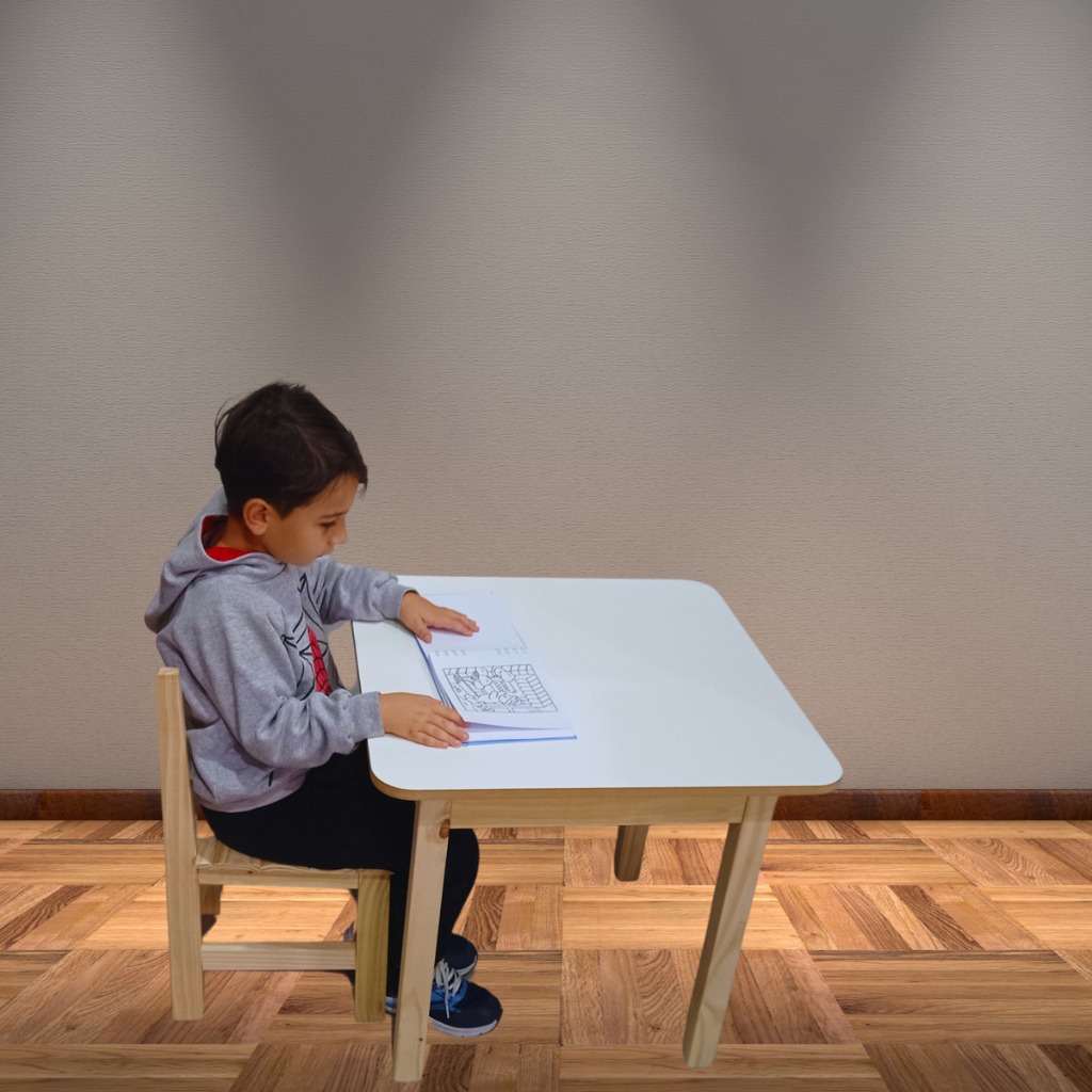 Conjunto Mesa e 1 Cadeira Infantil de Madeira Maciça de Pinus Tampo MDF15MM Estudos Escrivaninha