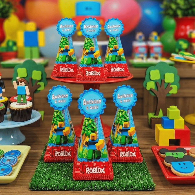 Caixinha Pirâmide Cone Roblox Personalizada Lembrancinha Kit Festa Aniversário Menino Personalizados
