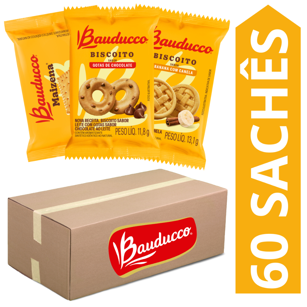 Kit 60 Sachês Biscoito Bauducco Sabores Leite Com Gotas De Chocolate, Banana Com Canela, Maizena em Oferta na Shopee