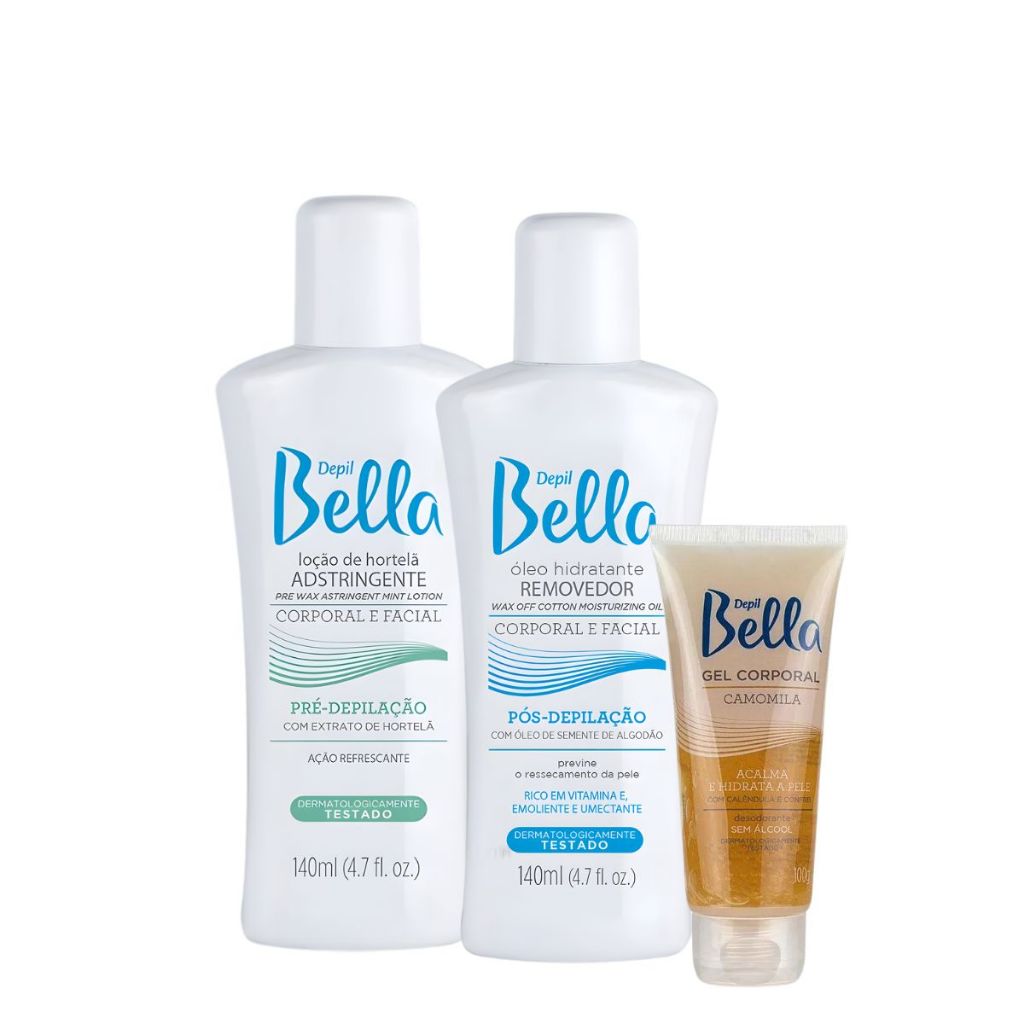 Kit Pré e Pós Depilação – Adstringente 140 ml + Removedor 140 ml + Gel Camomila 100 g Depil Bella