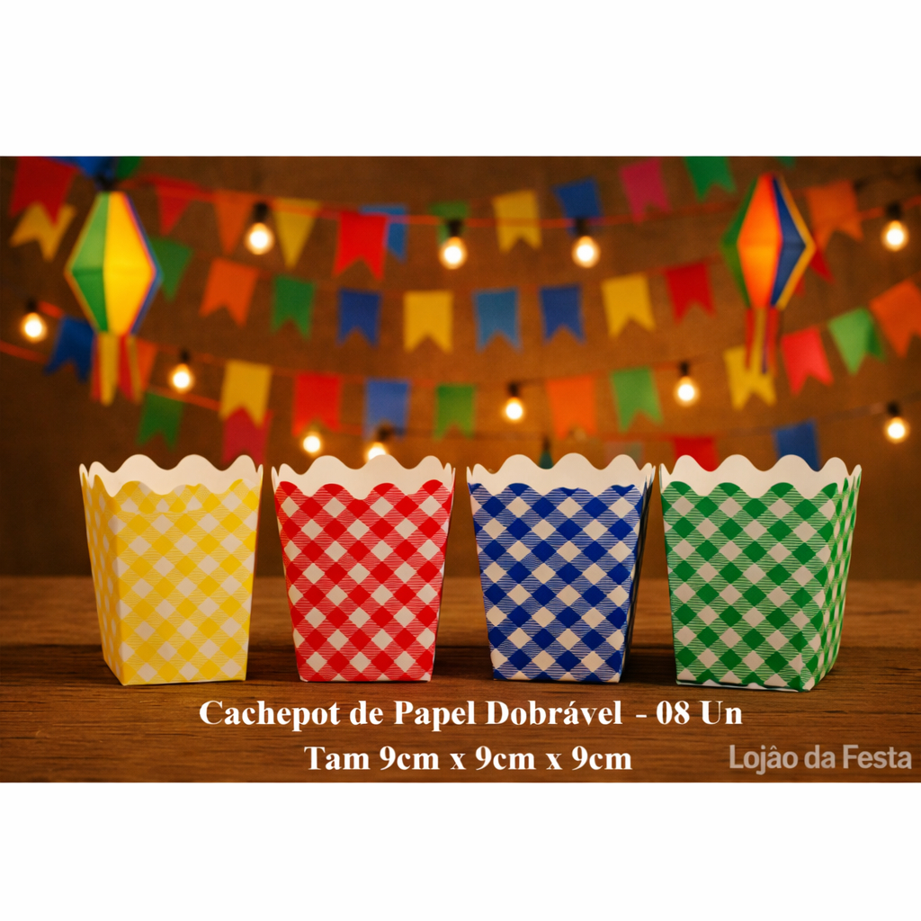 Cachepot Xadrez Festa Junina 9x9cm – Amarelo, Vermelho, Azul e Verde | 8 Unidades Papel Dobrável