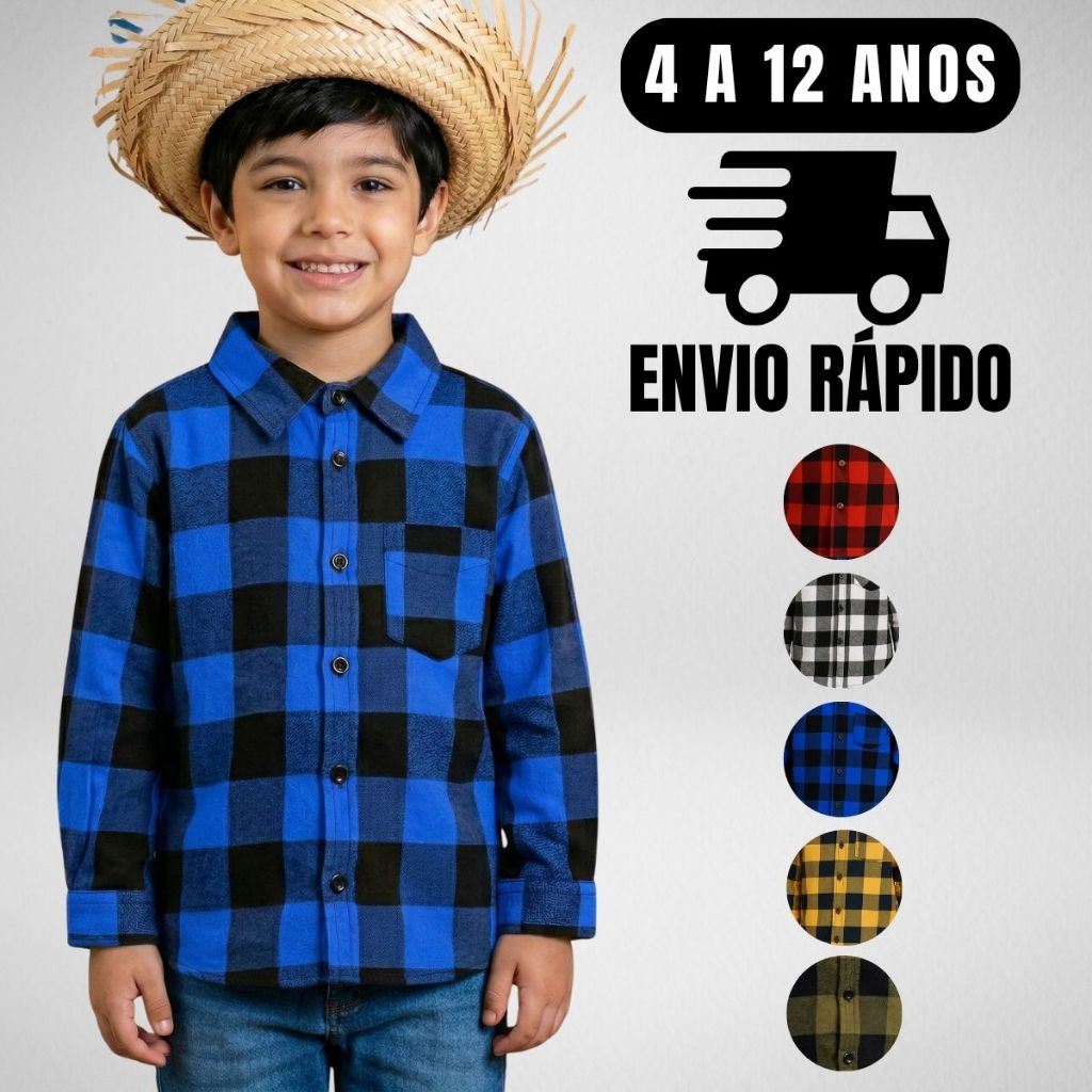 Xadrez Infantil Juvenil Camisa Menino Flanelada Festa Junina São João 4 a 12 anos