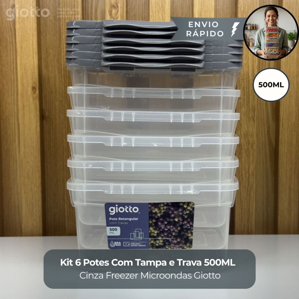 Imagem Kit 6 Potes Com Tampa e Trava 500ML Cinza Hermetico Fitnes Freezer Microondas Marmitas Giotto