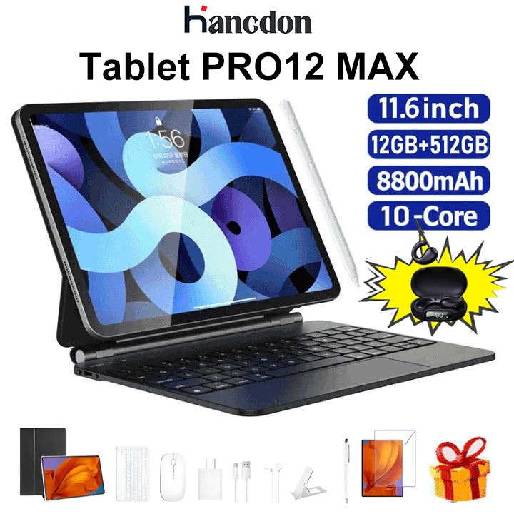 Hancdon Tablet PC Pro12Max 12GB 512GB 11,6 polegadas Tablet Android TelaGrande Wifi 5G Dual SIM Dual StandbyTablet