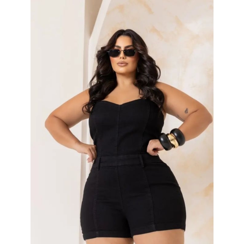 Macacão Plus Size Jeans Feminino Macaquinho Tomara que Caia Jardineira Short Plus Size 50/52/54/56