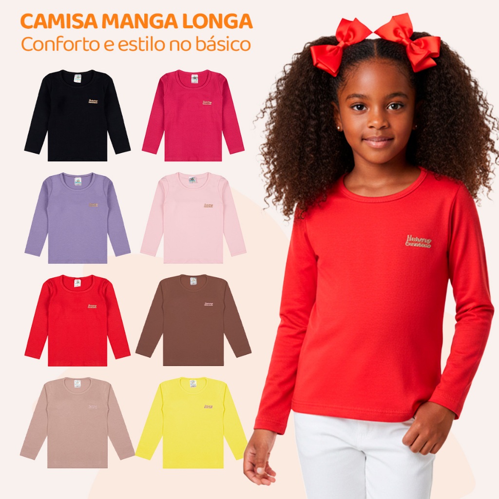 Kit 3 ou 5 Blusas Manga Longa Infantil Menina Criança Algodão Lisa Básica Feminino Inverno Roupa de Frio Camiseta Kids