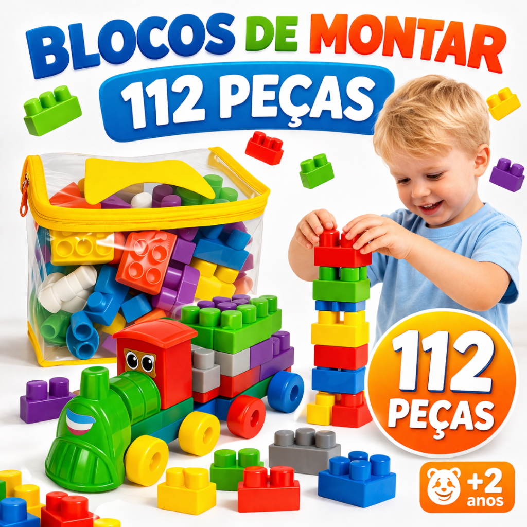 Blocos de Montar Infantil 112 Peças Educativo Didático 2 Trens Brinquedo Criativo Cognitivo