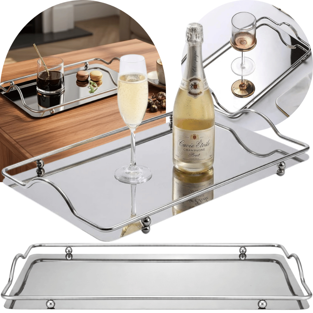 Bandeja Retangular Aço Inox Fundo Espelhado Alça 21x34,5 cm Decorar Lavabo Servir Café Apresentar