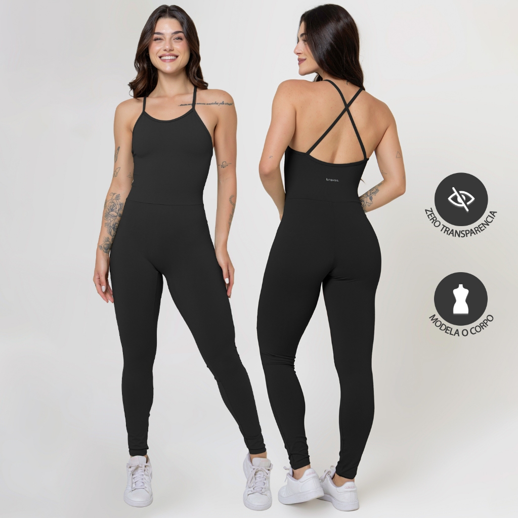 Macacão Longo Cruzado Feminino Suplex Blackout Roupa Macaquinho Fitness Zero Transparência 026