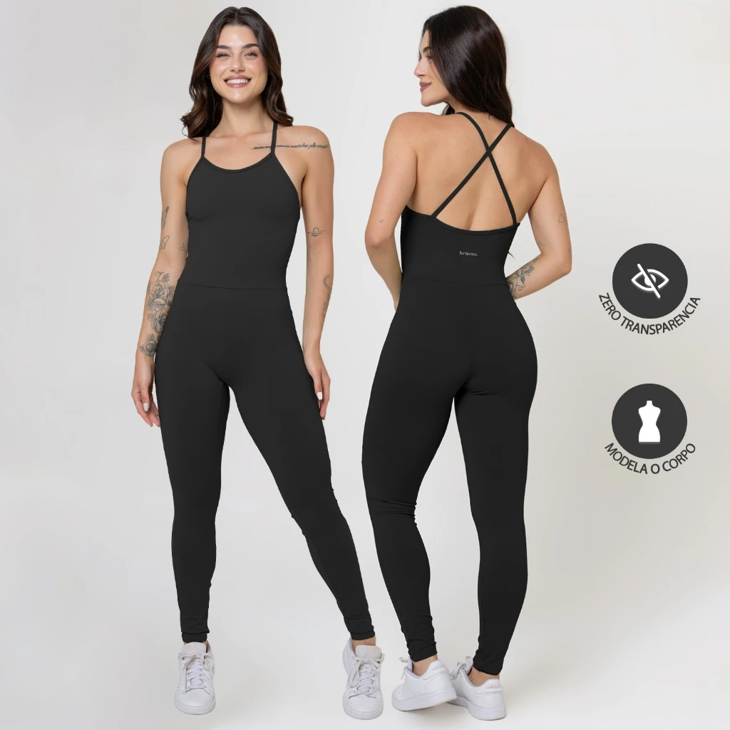 Macacão Longo Cruzado Feminino Suplex Blackout Roupa Macaquinho Fitness Zero Transparência 026 — imagem 1