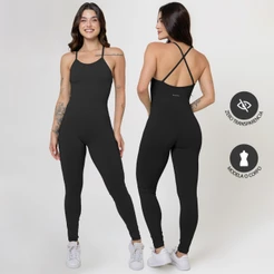Macacão Longo Cruzado Feminino Suplex Blackout Roupa Macaquinho Fitness Zero Transparência 026