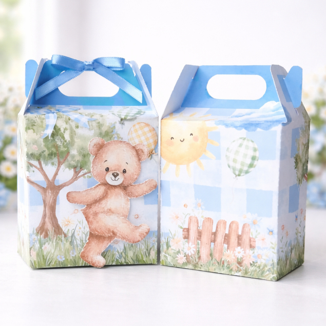 PEGUE E MONTE Maletinha Ursinho Aquarela Azul Sacolinha p/ Lembrancinha Festa Infantil Personalizada