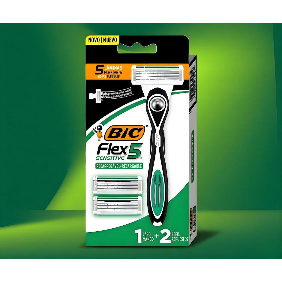 Kit Aparelho para Barbear Recarregável Bic Flex Sensitive + 2 Cargas - Envio Imediato
