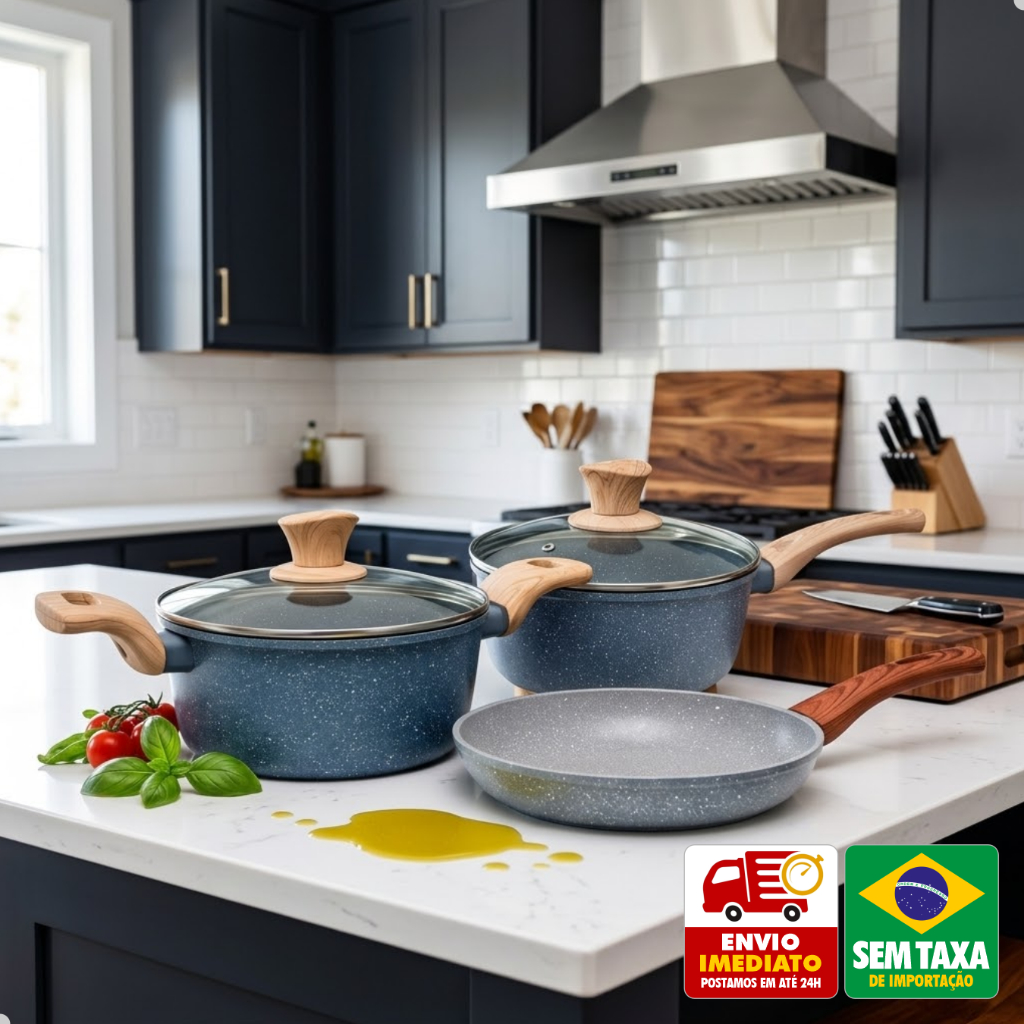 Conjunto Panelas Indução 3 Peças Cerâmica Antiaderente Panela Caçarola Frigideira