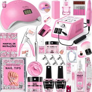Kit Unha Gel Acrigel Fibra Para Iniciantes Completo Cabine Sun 5 estufa Unhas lixadeira e…