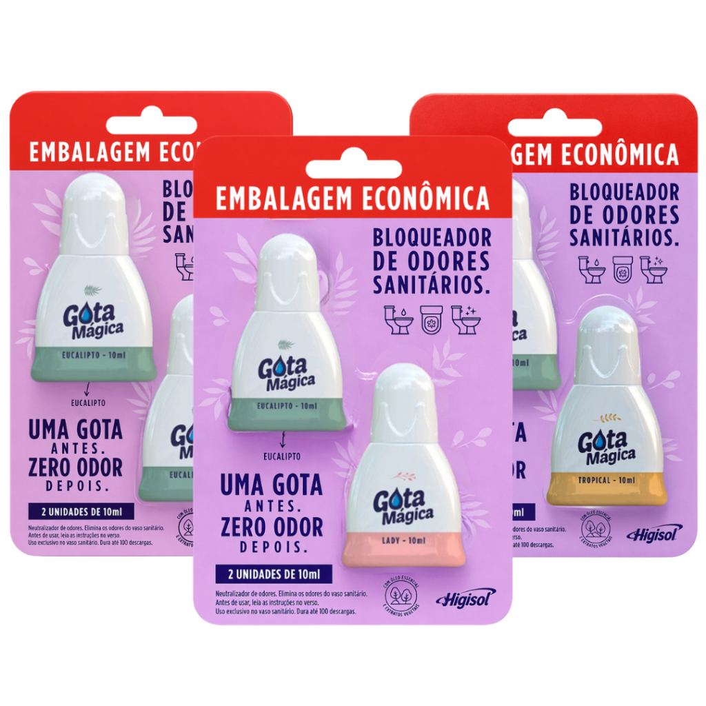Aromatizador de Banheiro e Privada Gota Mágica Kit 2 Unidades Eucalipto/Tropical/Lady