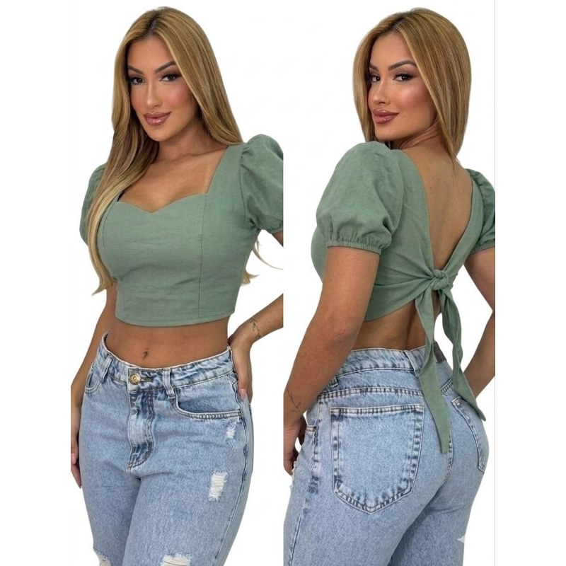 Blusa Cropped Feminino Manga Bufante Princesa Amarração Costas Lindo Verão Blogueira Tendência Moda