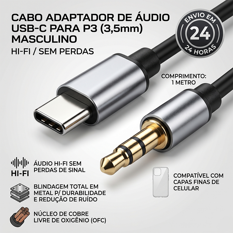 Cabo de Áudio Tipo C para 3.5mm Macho Trançado Adaptador para Fone de Ouvido e Caixa de Som