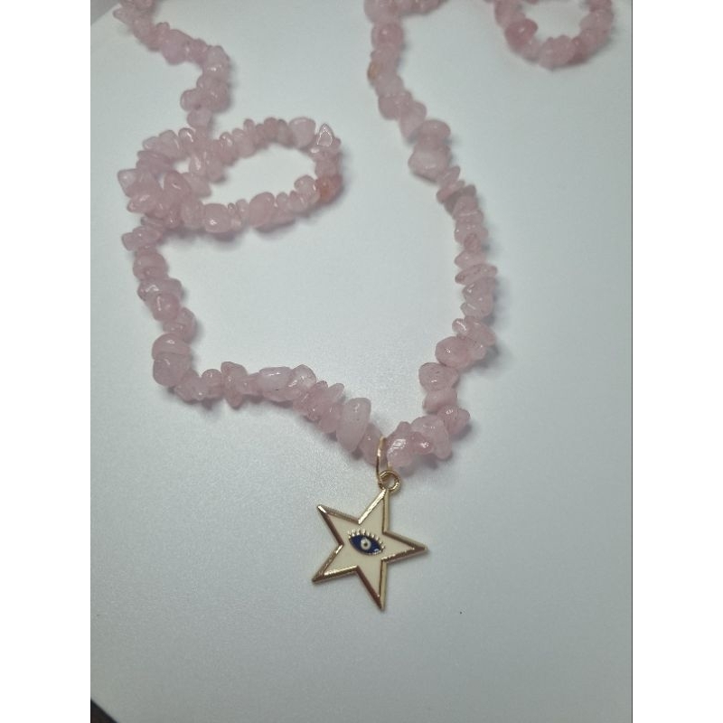 Colar com pedra natural Quartzo Rosa - longo 75cm (