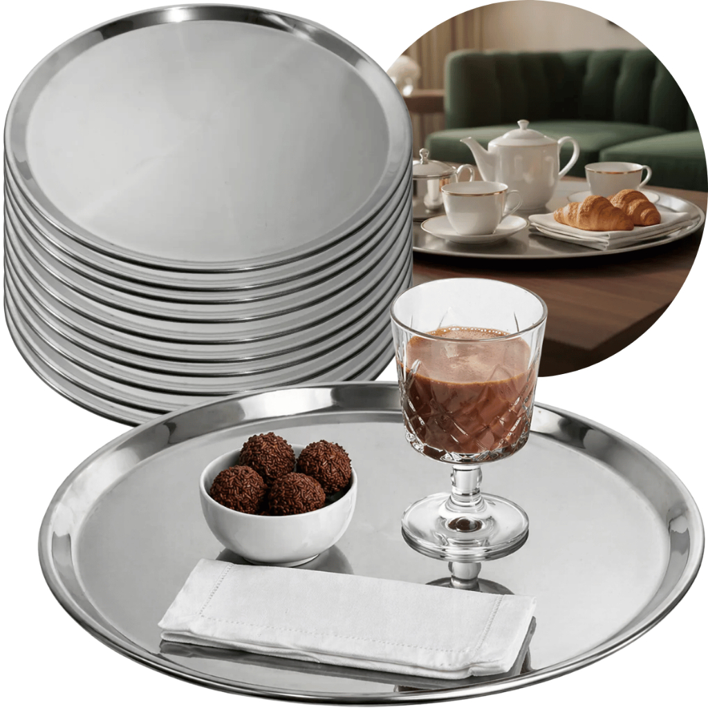 10 Travessa Redonda Inox 36cm Garçom Transporte Bebidas Serviço Buffet Hotel Restaurante Premium