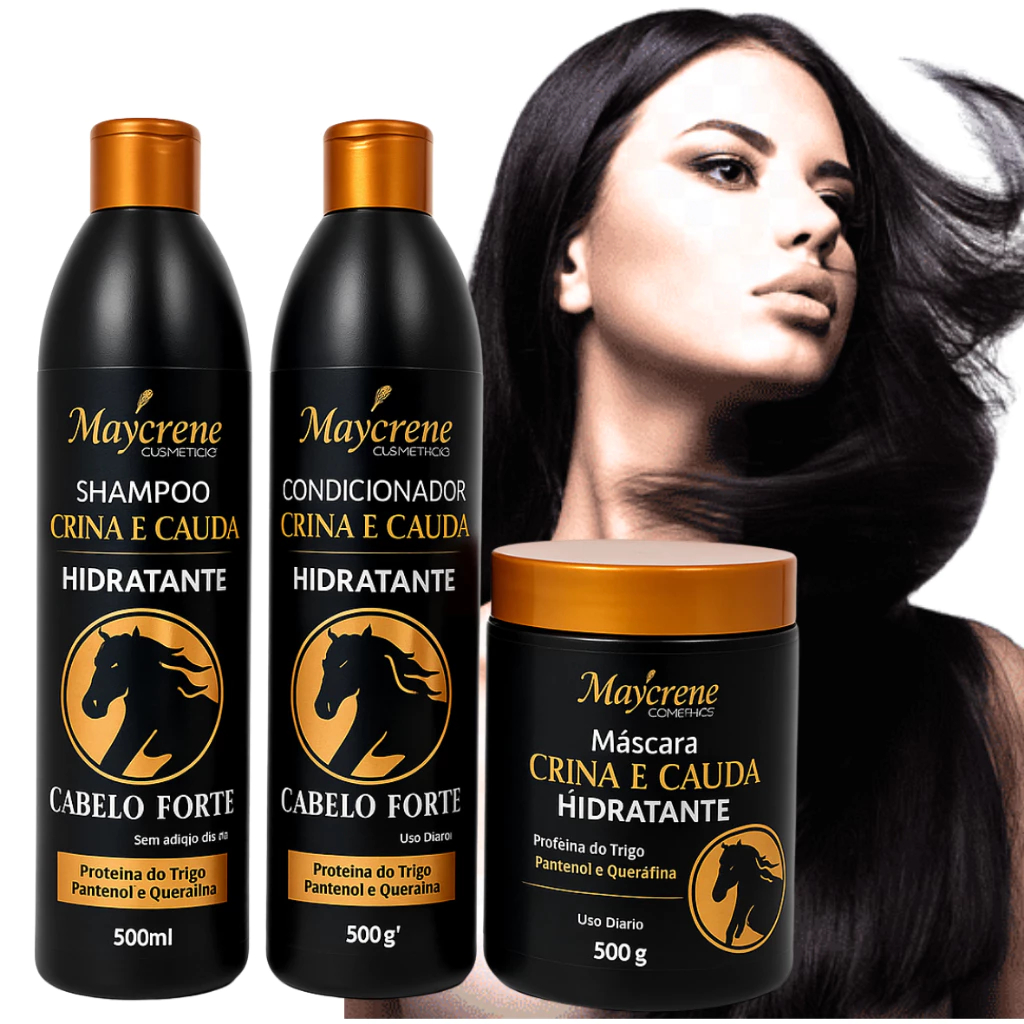Kit Capilar Crina e Cauda Fortalecedor Shampoo, Condicionador e Máscara 500ml Cada