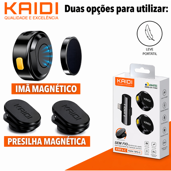 Microfone de Lapela Sem Fio Kaidi Duplo USB C para Celular com Cancelamento de Ruído Alta Qualidade Áudio Profissional P