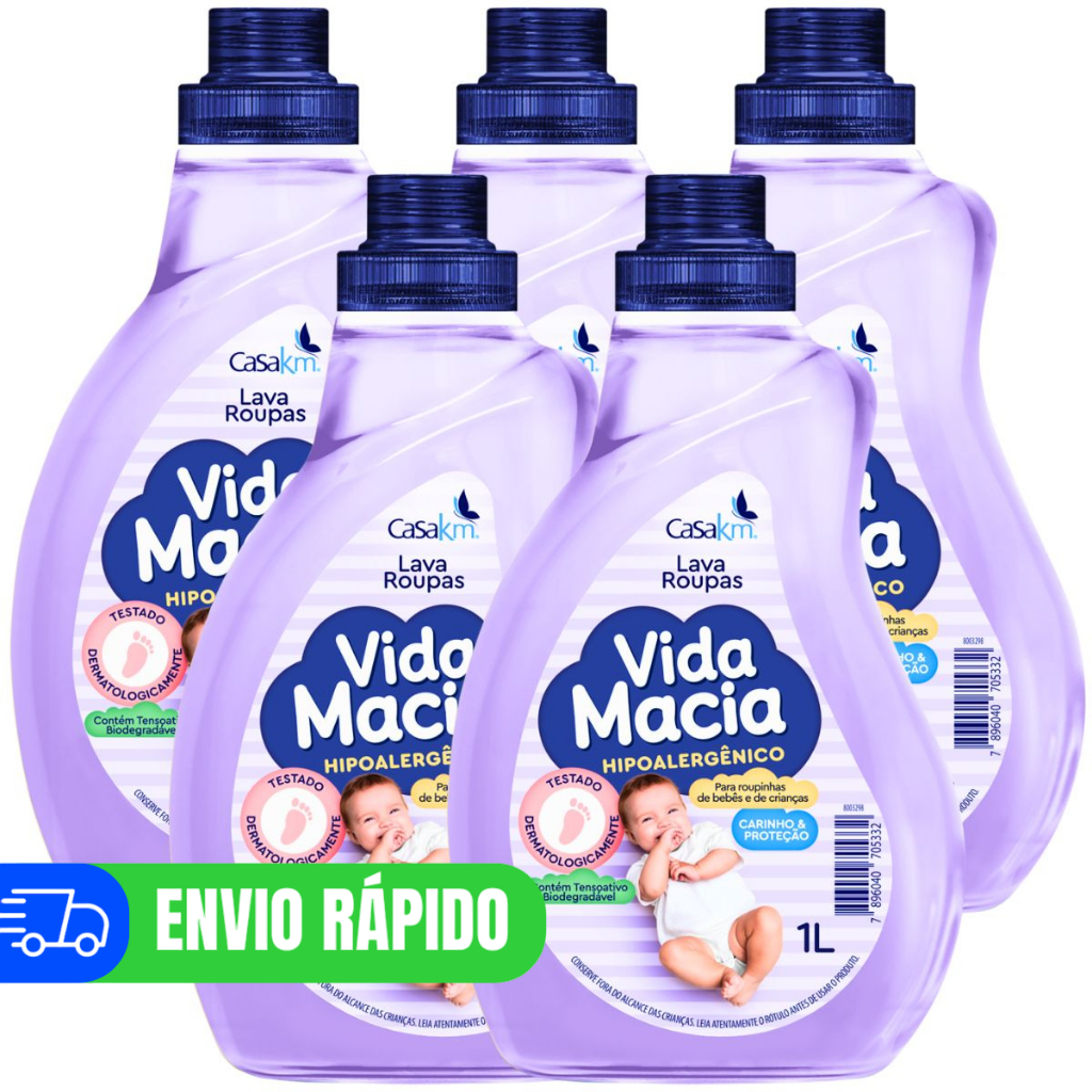 Kit 5 Lava Roupas de Bebê Vida Macia Sabão Liquido 1 Litro