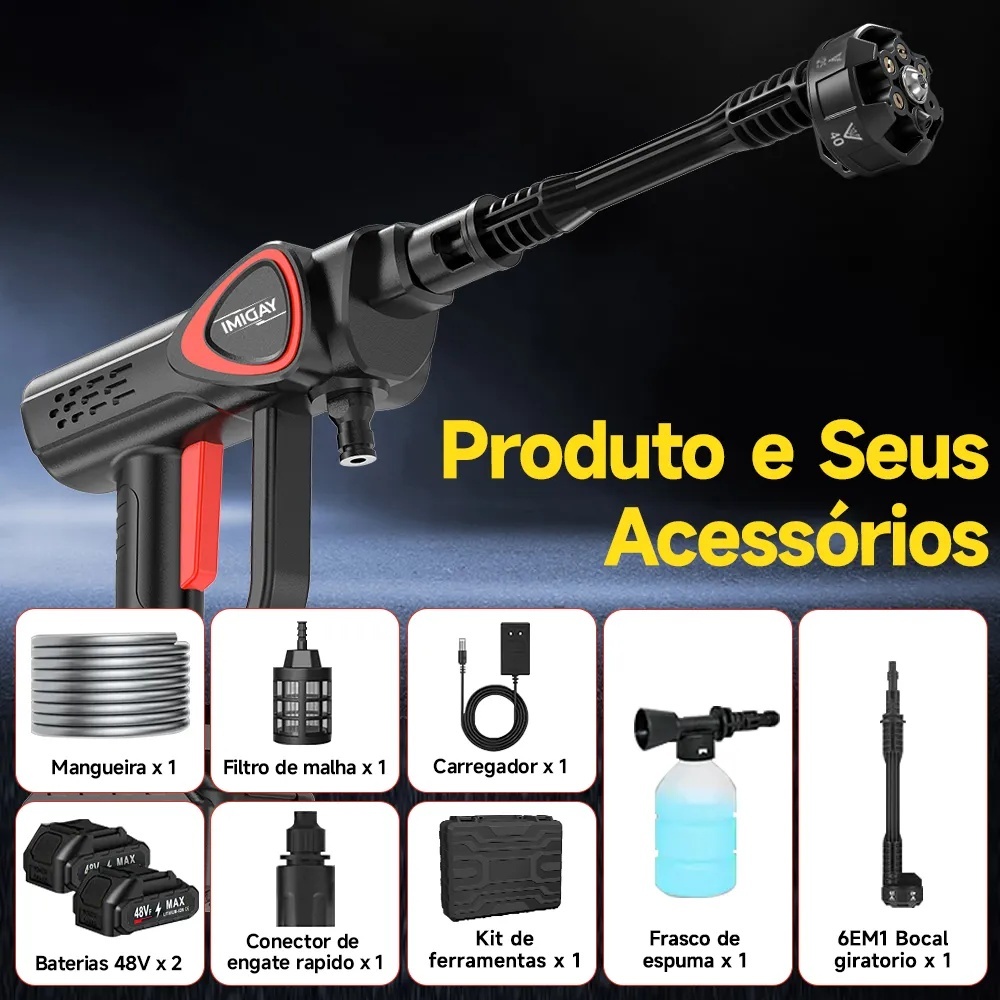 Lavadora de Alta Pressão Portátil  6Em1 Recarregável Para Carros E Jardins Linha Premium Pistola Lava Jato Profissional