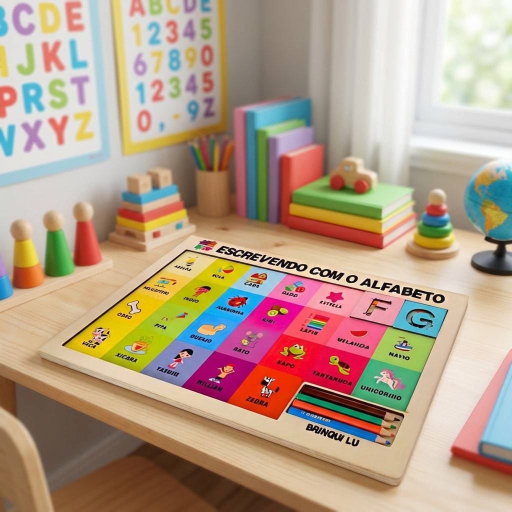 Kit Jogo Tabuleiro Educativo Brinquedo Descubra a Letra Do Alfabeto Pedagógico 26 Peças