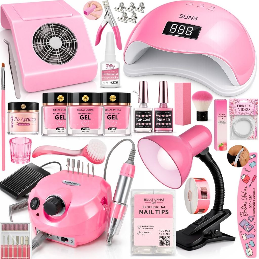 Kit Unhas Alongamento Gel Lixadeira Motor Porquinho Cabine Sun5 Coletor Pó de Unha | Envio Imediato