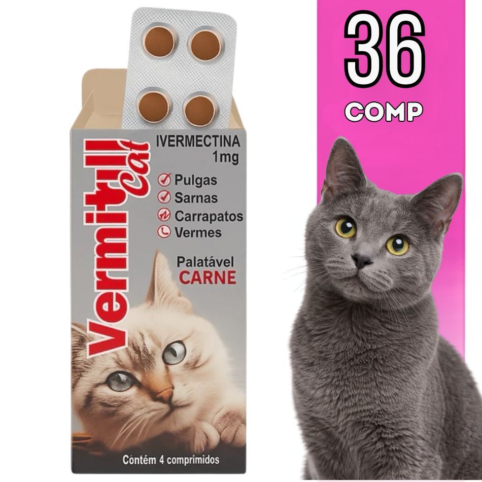Vermitril Cat | 36 Comprimidos Anti Vermes, Carrapatos, Pulgas E Sarnas Para Gatos 3kg - Sabor Carne