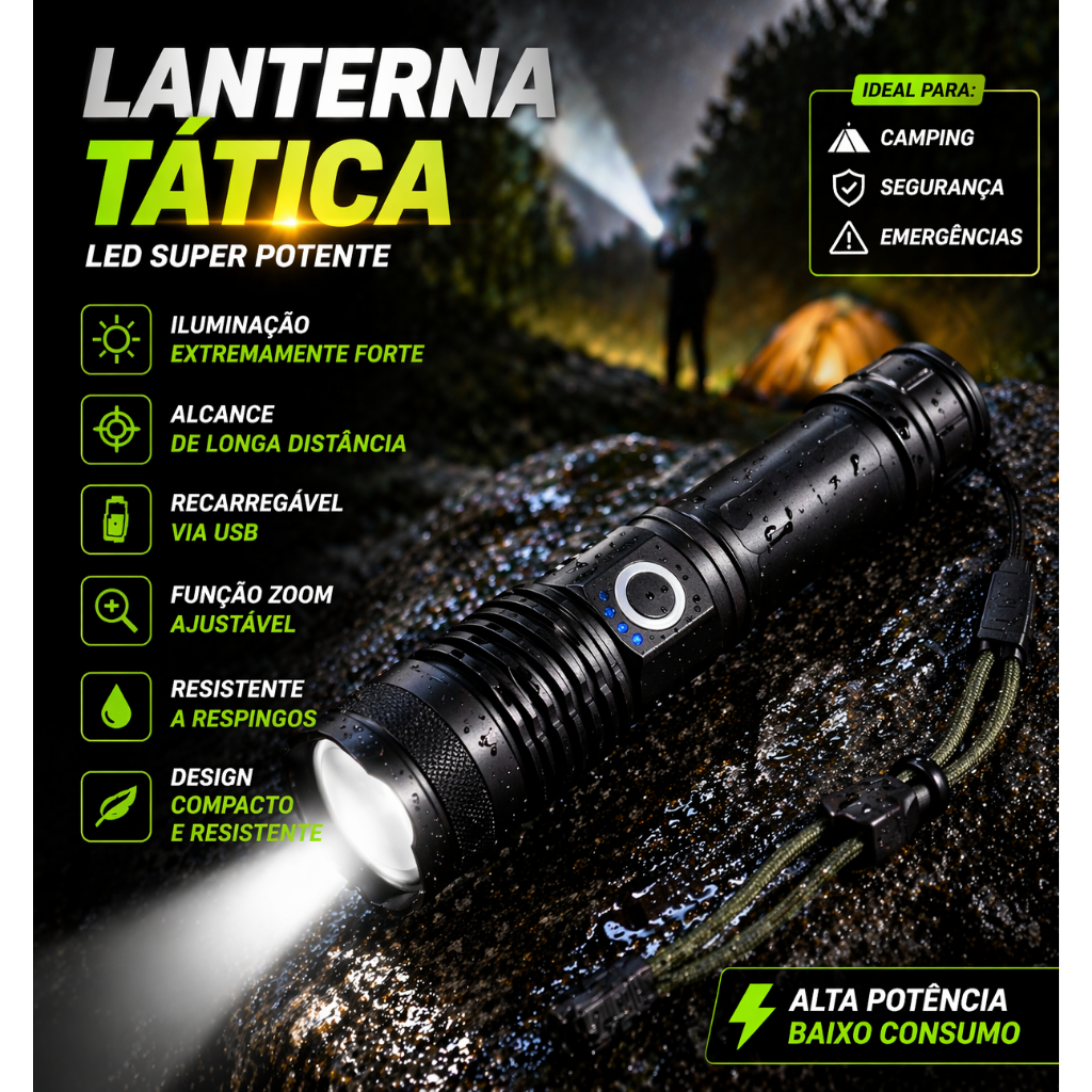 Lanterna Tática Militar LED P50 T9 Super Potente Recarregável USB Zoom Longo Alcance Resistente Camping Segurança