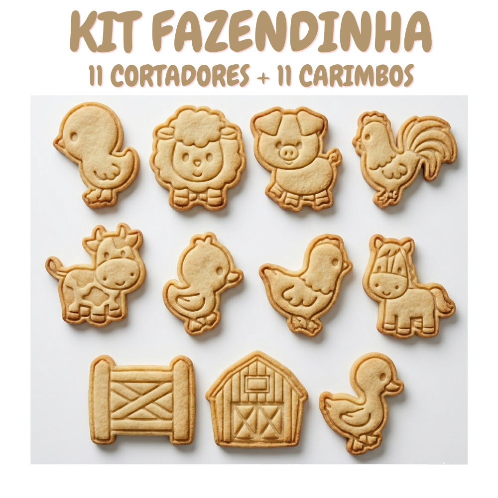 kit 11 cortador de biscoitos com carimbo marcador tema fazendinha animais da fazenda para festas aniversários
