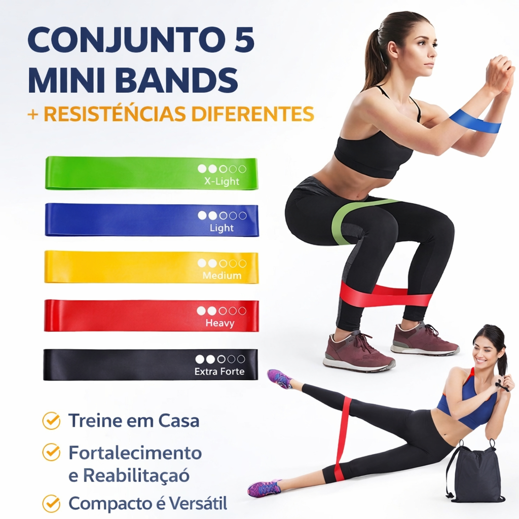 Conjunto 5 Faixas Elásticas Mini Band – Treino em Casa, Funcional e Fisioterapia